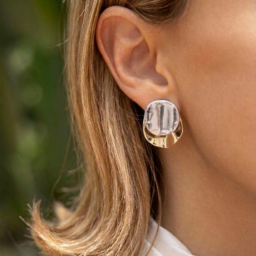 Aretes front back circulares bicolor, chapa de oro 14k - Lavanda, detalle