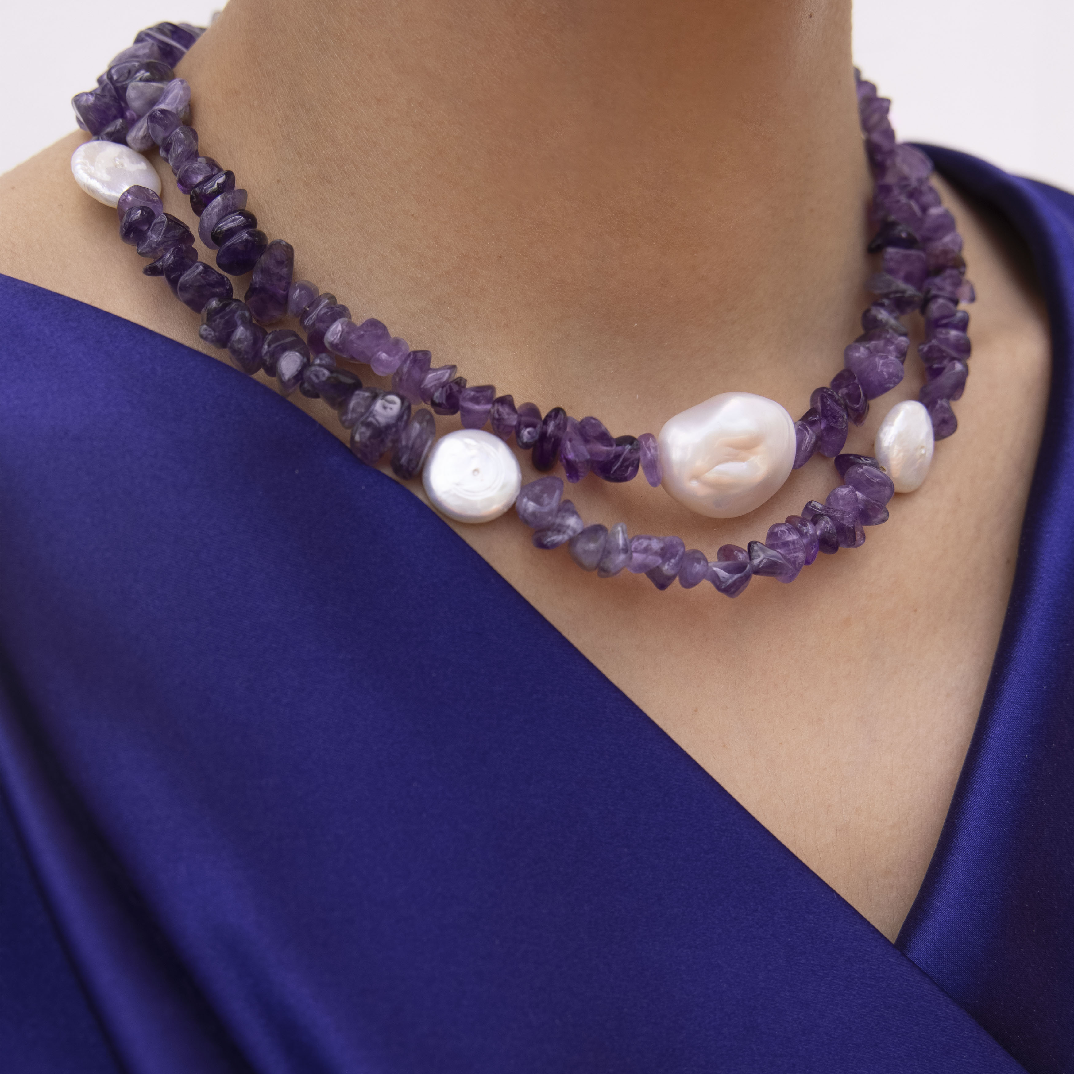 Set de collares de amatistas y mix de perlas, piedras naturales - Lavanda, detalle